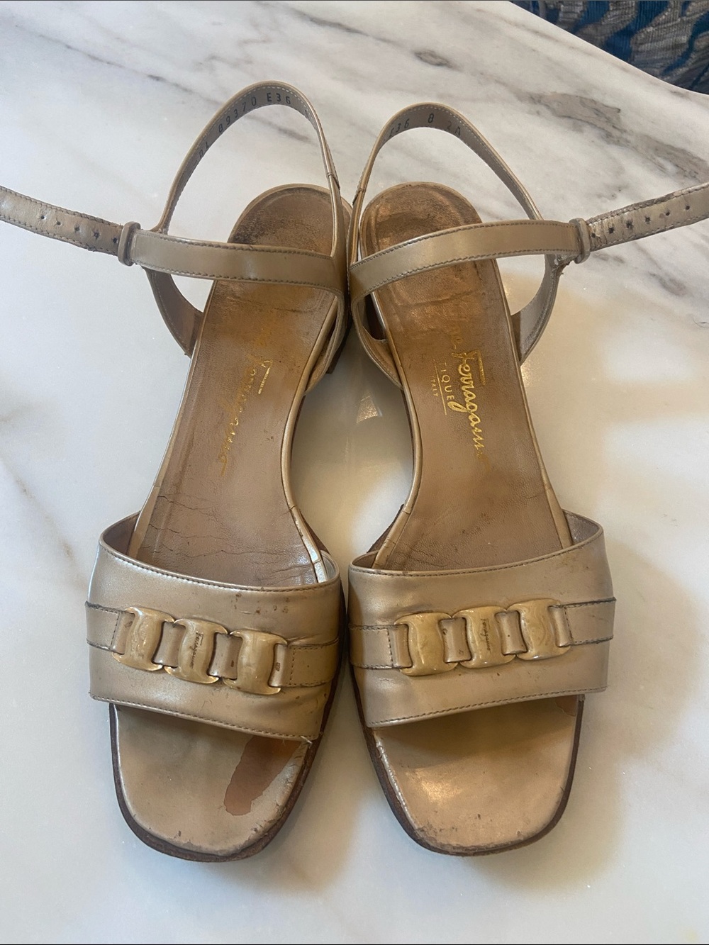 Salvatore Ferragamo Metallic Gold Leather Low Heel Slingbacks